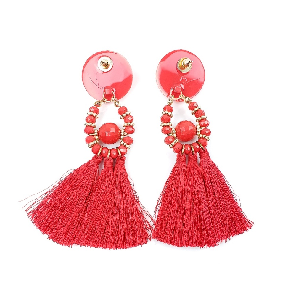 Red Boho Beaded Tassel Drop Earrings - Picture 5 of 6